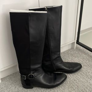 Tahari Black Leather Robbie Mixed Media Knee High Riding Boots- 7.5